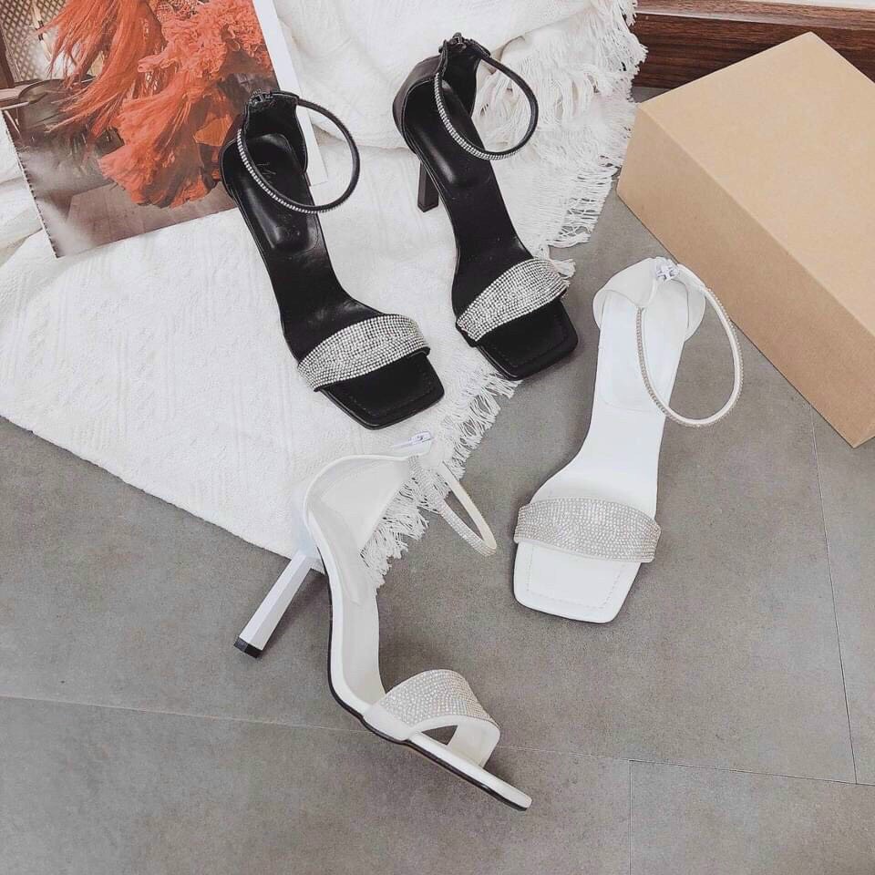 Sandal cao gót nhọn 9p bản quai ngang xoàn đá hàng chuẩn form chất da mềm đẹp