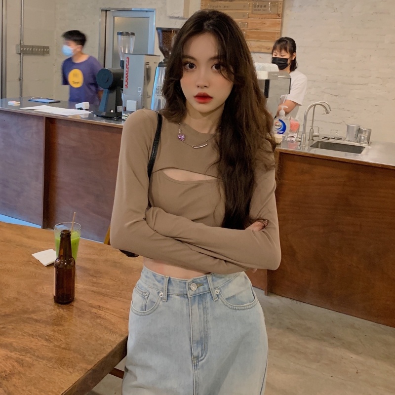 ZHELIHANGFEI Set Áo Thun Tay Dài Hở Eo + Quần Dài Lưng Cao Thời Trang Nữ