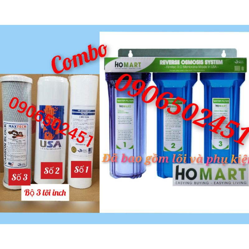 COMBO Bộ lọc nước sinh hoạt gia đình ( tắm rửa, giặt giũ, nấu ăn..) 3 cấp ly 10 inch + bộ 3 lõi 123 10 inhc