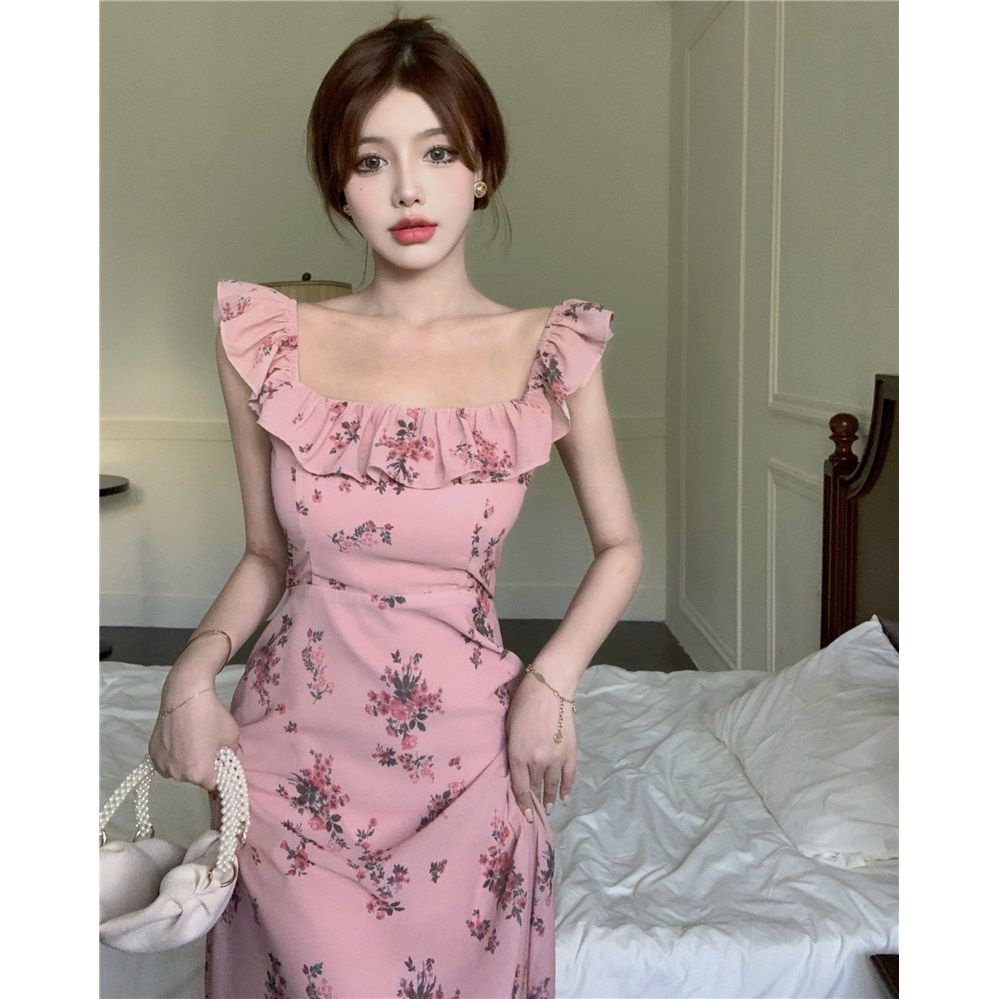 Jiashucheng Đầm Hoa Cổ Vuông Dáng Dài Thời Trang Mùa Hè Pháp Quý Phái Dành Cho Nữ