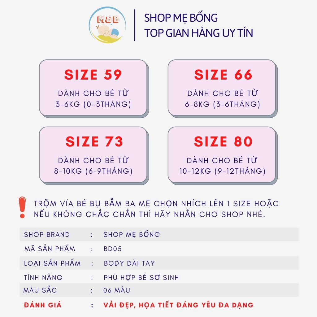 Bodysuit cho bé body dài tay liền thân cotton hàng đẹp cho bé trai bé gái sơ sinh từ 3 - 12kg – BD05