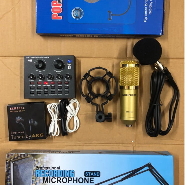 [Freeship toàn quốc từ 50k] Bộ thu âm v8 bluetooth míc bm900 full phụ kiện tặng tai akg ( 5 món)