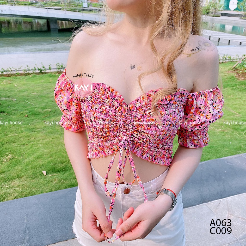 [Mã FAMAYWA giảm 10K đơn 50K] Áo croptop hoa nhún rút giữa tay ngắn - ảnh thật - A063 | BigBuy360 - bigbuy360.vn