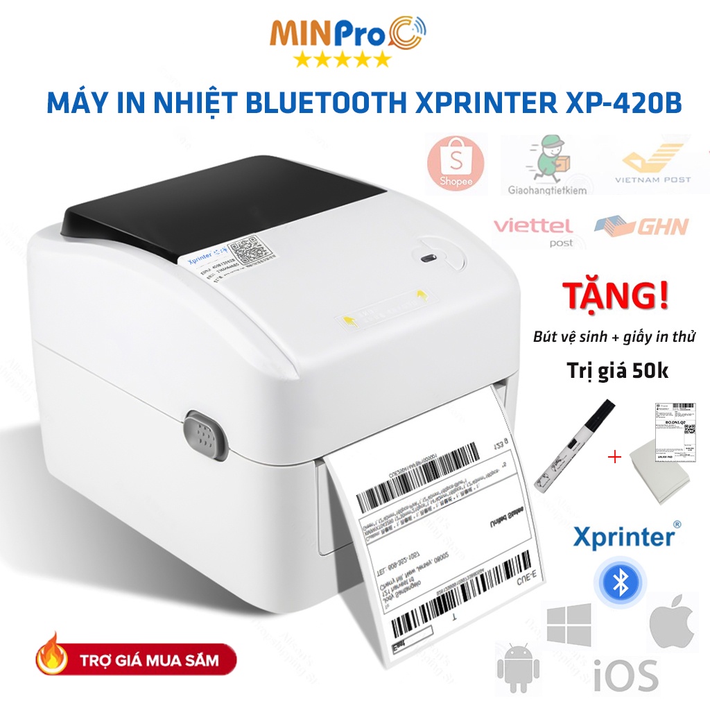 Máy in nhiệt bluetooth XPRINTER XP-420B, in đơn hàng shopee, tem, hóa đơn, mã vạch - MINPRO