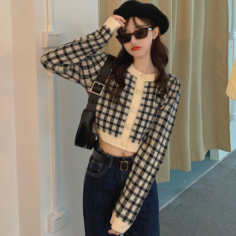 Áo khoác len cardigan tay dài cổ tròn họa tiết sọc caro phong cách Hàn Quốc cho nữ