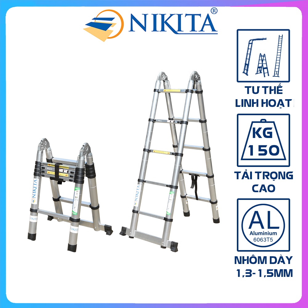 Thang nhôm rút chữ A, Hàng chính hãng NIKITA - Gọn nhẹ, tiện dụng, đa năng