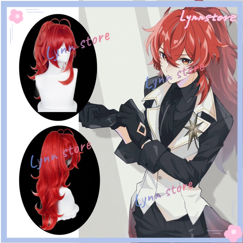 Hoạt hình Genshin Impact Diluc Red High Ponytail New Skin-Silhouettes of the Night Cosplay Halloween Tóc dài Tóc dài đuôi ngựa Cao Cosplay Tóc giả tổng hợp chịu nhiệt