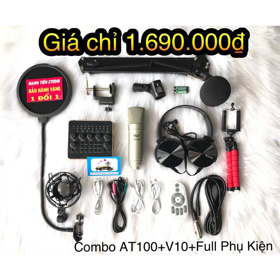 [GIÁ SỈ TẬN GỐC] Trọn bộ combo micro AT100 +  SoundCard V10 Bluetooth, thu âm, hát karaoke, livetream bán hàng