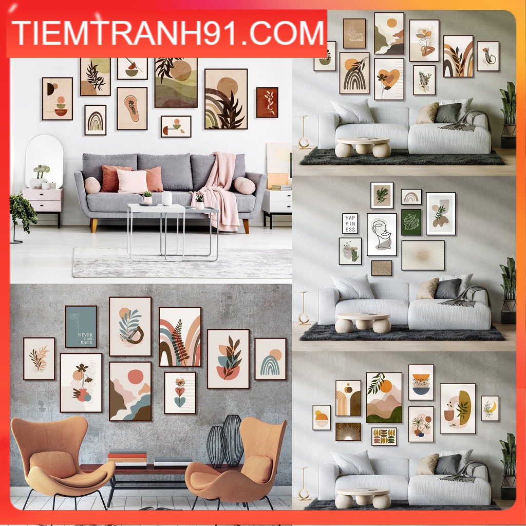 SET 9 TRANH TREO TƯỜNG PHÒNG KHÁCH - 🔥TIỆM TRANH 91🔥 Tranh canvas Bắc Âu hiện đại, giá rẻ, tặng kèm đinh treo tiện lợi