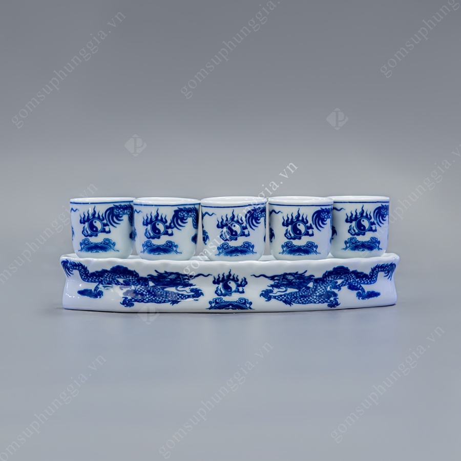 Bộ kỷ 3-5 chén rượu dáng THẲNG men Lam Trắng Trơn họa tiết RỒNG, đồ thờ cúng Phùng Gia - Gốm sứ Bát Tràng cao cấp.