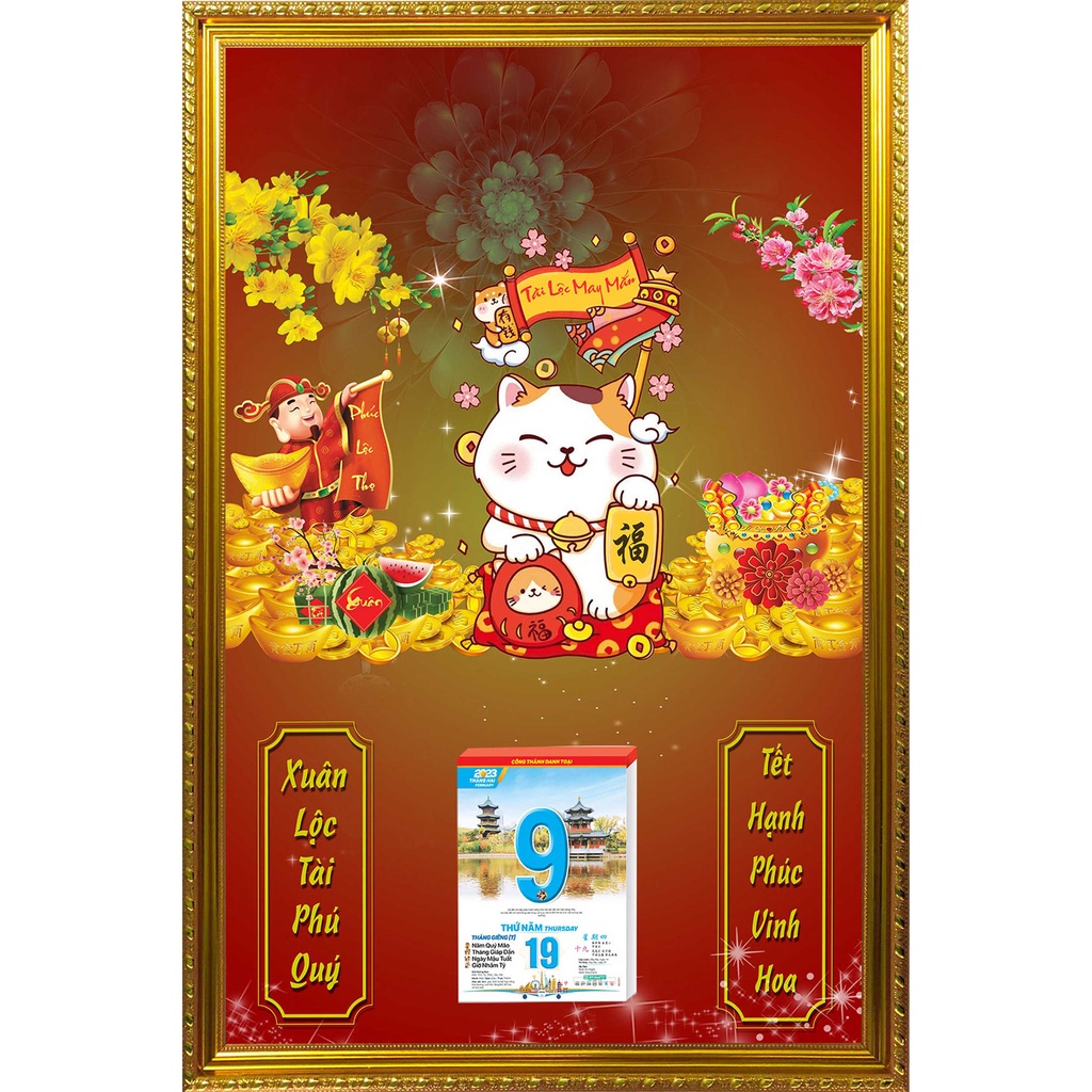 Lịch Gỗ Phù Điêu Khung Vàng Cao Cấp Treo Tường Laminate Tráng Gương 2023 (45 x 65cm) - Mèo Thần Tài