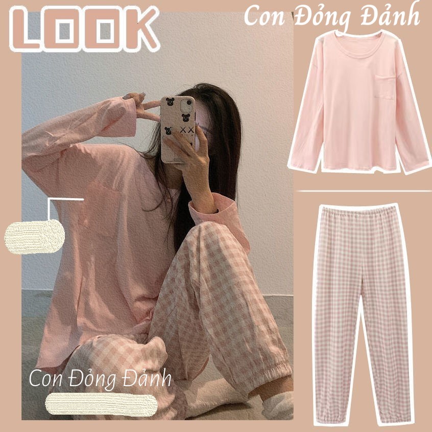 BỘ ĐỒ NGỦ MẶC NHÀ DÀI TAY COTTON TRƠN KÈM QUẦN CARO THU ĐÔNG HOT 2021 DN015 CHẤT thun mềm