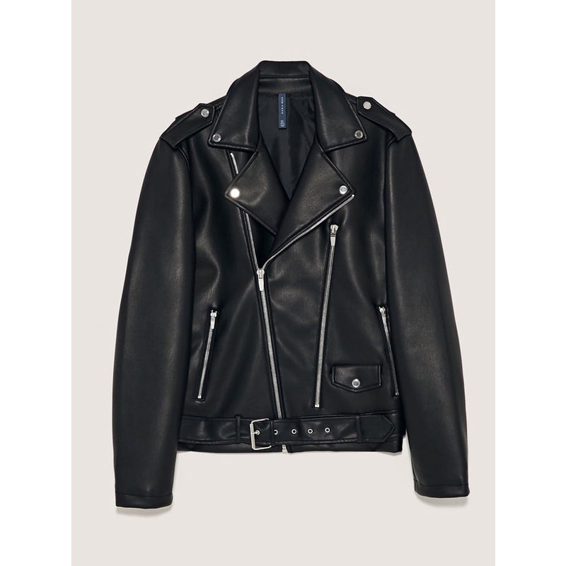 ÁO KHOÁC DA ZARA MAN BIKER JACKET NAM MÀU ĐEN KÈM THẮT LƯNG - STATESMAN