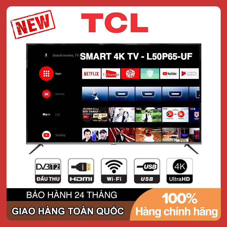 Smart Tivi TCL 50 inch UHD 4K L50P65-UF Youtube, Wifi, Chiếu màn hình điện thoại, Tivi Giá Rẻ - Bảo Hành 3 Năm