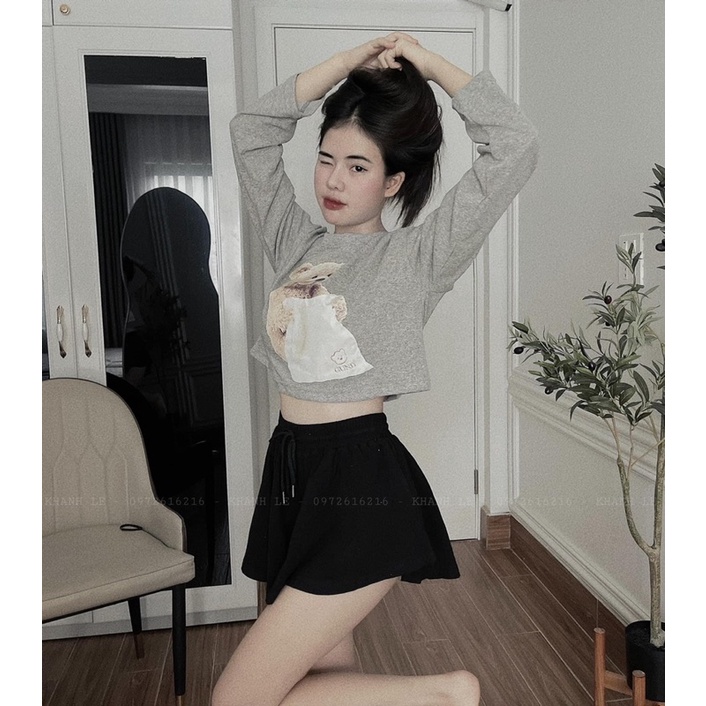 Set Bộ Áo Thun Gấu Croptop Dài Tay Quần Đùi Váy Màu Xám Áo Phông Giấy