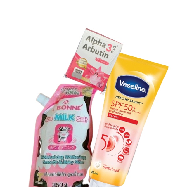 Combo dưỡng trắng da toàn thân - Vaseline 50x và muối tắm bò Spa Milk Salt