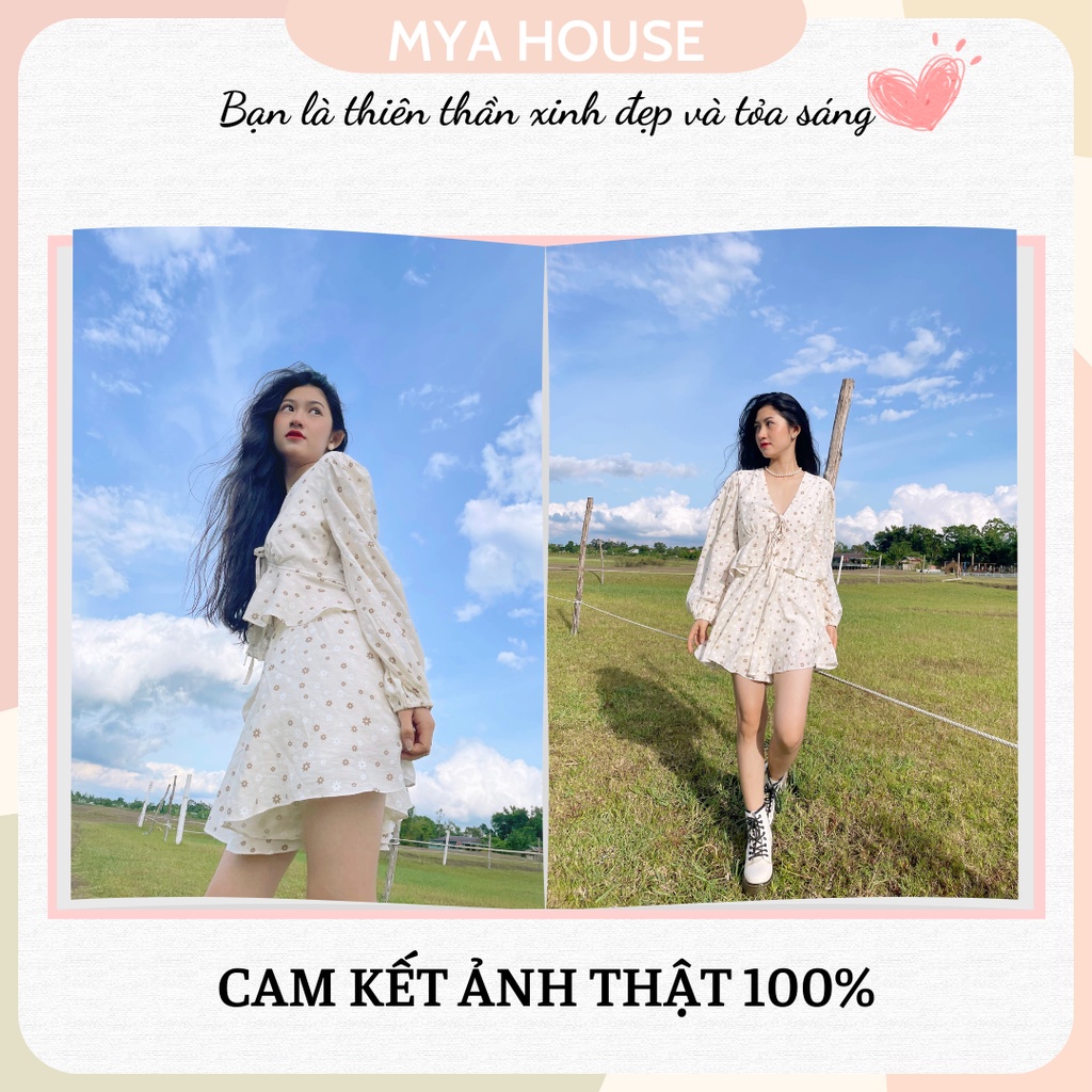 Set áo crop voan hoa nhí cổ v short giả váy chất liệu mềm mát phong cách dễ thương trẻ trung Hàn Quốc