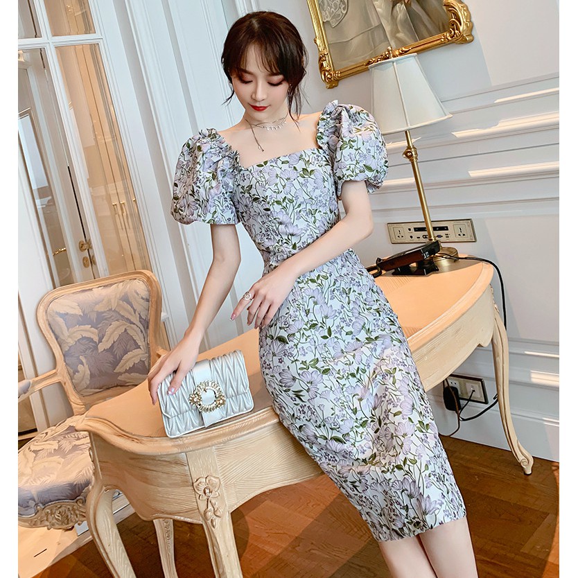 ZYHT Váy Phồng Vải Jacquard Dáng Ôm Cổ Vuông Ba Chiều 4767