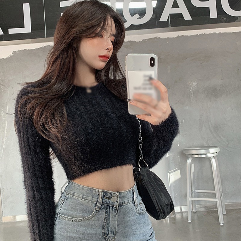 Áo Len Croptop Lông Thú Mềm Mại Tay Dài Cổ Tròn Phong Cách Hàn Quốc Cho Nữ