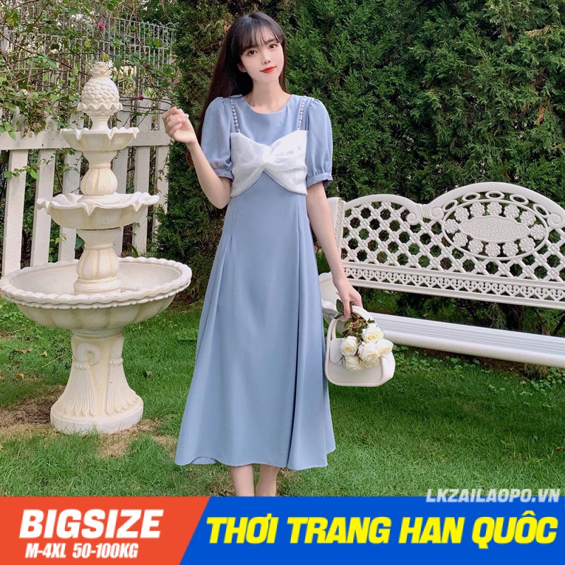 Đầm dáng dài Bigsize Váy nữ tay ngắn cổ tròn Phối Nơ mùa hè Phong cách Hàn Quốc Thời Trang tiểu thư cá tính xinh đẹp cho người mập béo