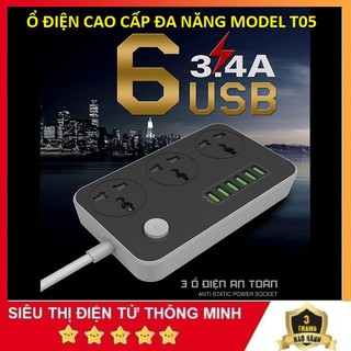 Ổ Cắm Điện Thông Minh T05 Tự Điều Áp Với 6 Cổng USB Sạc Nhanh 3.4A ,Dây Dài 2M ( Tiêu Chuẩn EU )