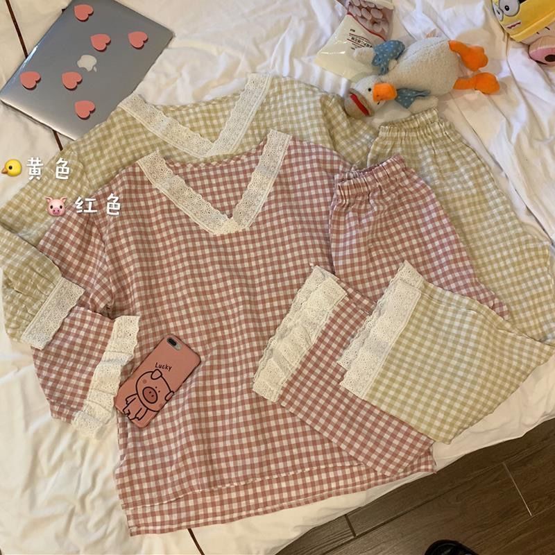 COZOK Bộ đồ ngủ tay dài kẻ sọc caro thời trang