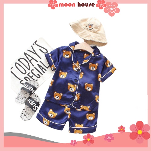 Đồ Bộ Pijama Cộc Tay Cho Bé Chất Lụa Cao Cấp In Hình Gấu Cực Yêu, Đồ Ngủ Lụa Cộc Tay Trẻ Em Từ 6-27Kg