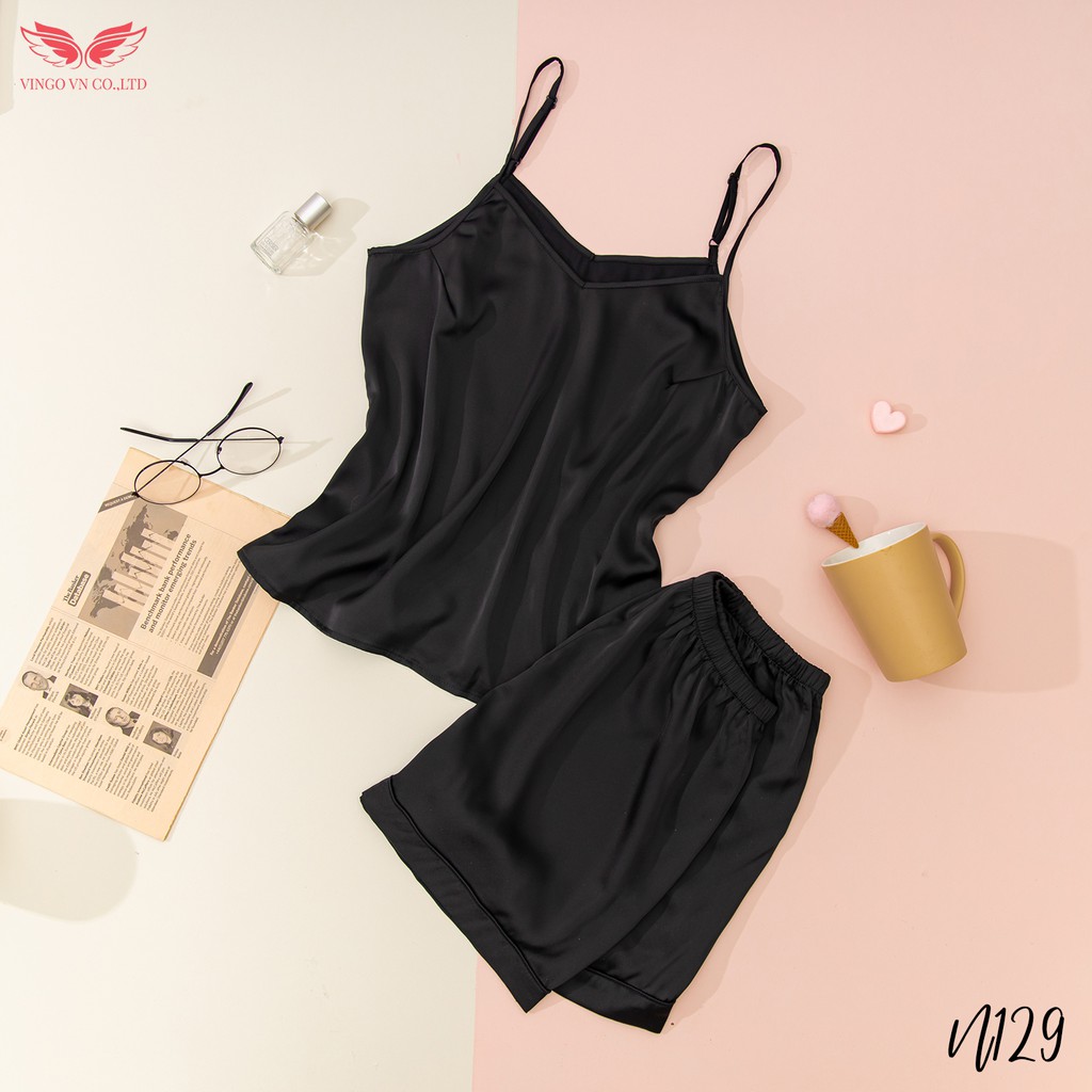 VINGO Bộ Đồ Ngủ Hai Dây Nữ Lụa Pháp Cổ V Họa Tiết Trơn Cao Cấp N129 VNGO | BigBuy360 - bigbuy360.vn