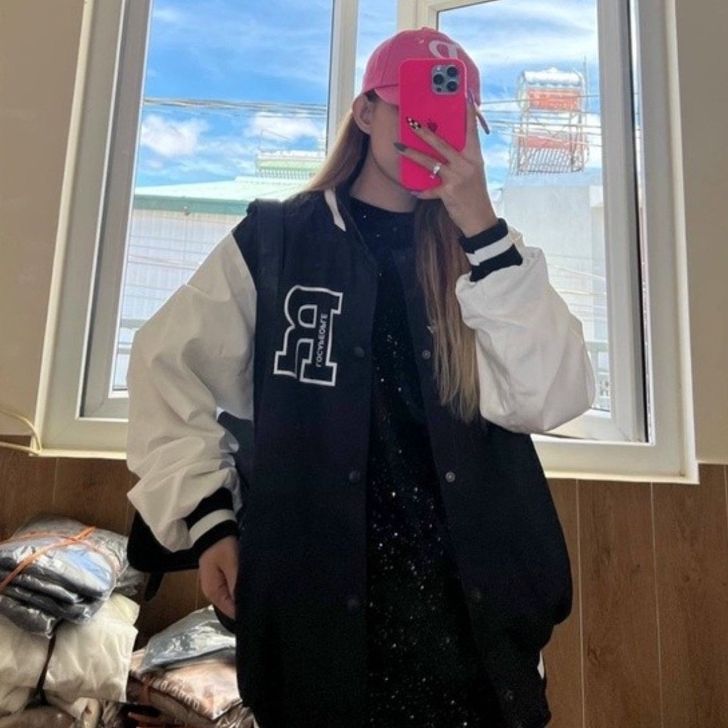 Áo khoác dù bomber jacket phối tay CHỮ R form rộng unisex nam nữ 1HIT