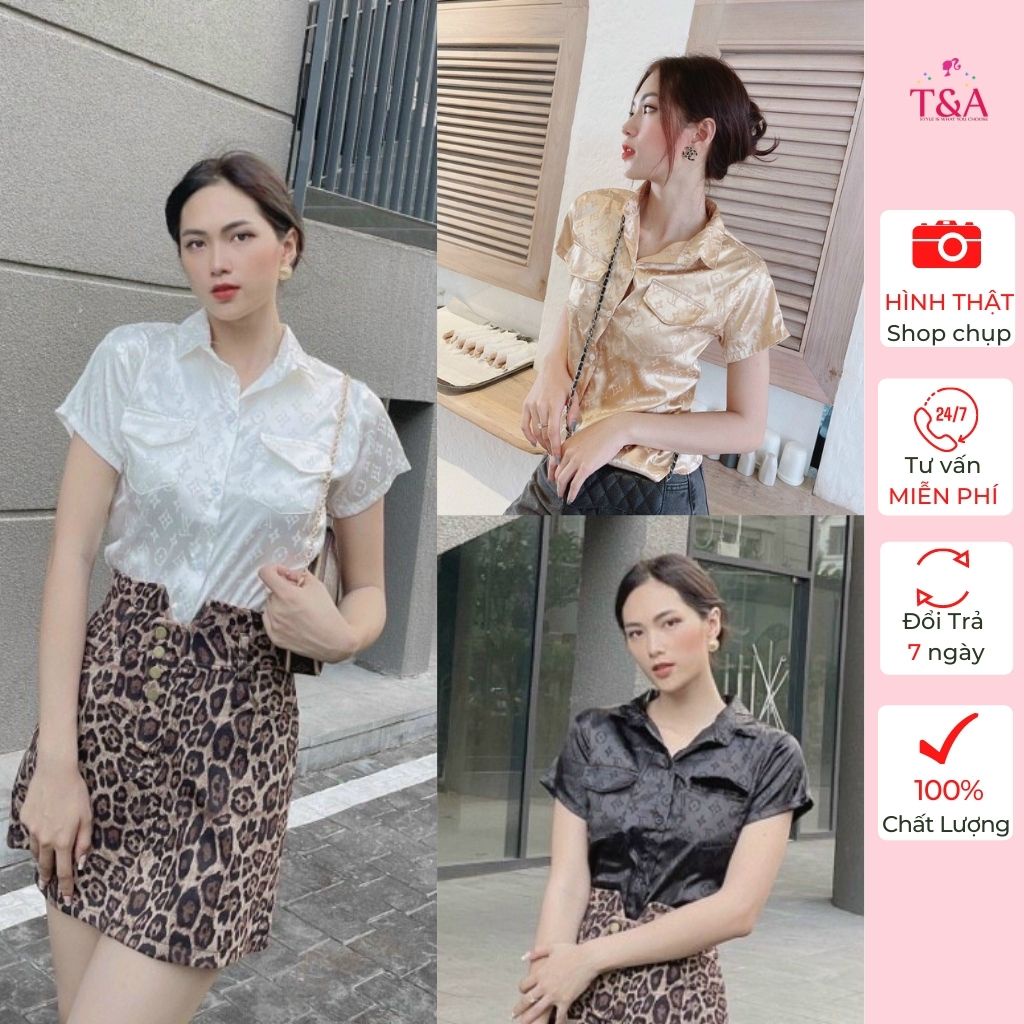 Áo sơ mi nữ gấm họa tiết tay ngắn 3 màu - 743