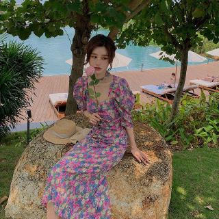 Summer new vintage floral purple dress women's sexy dress
