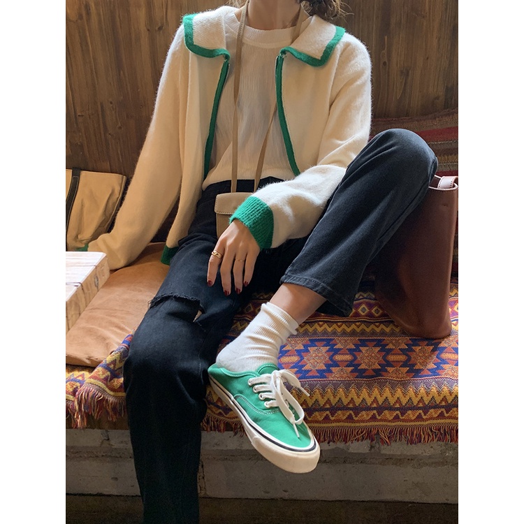 Quần Jean Đen nữ Rách gối Lưng cao Hàn Quốc Quần bò nữ Dáng suông Ulzzang Thời trang Cạp cao