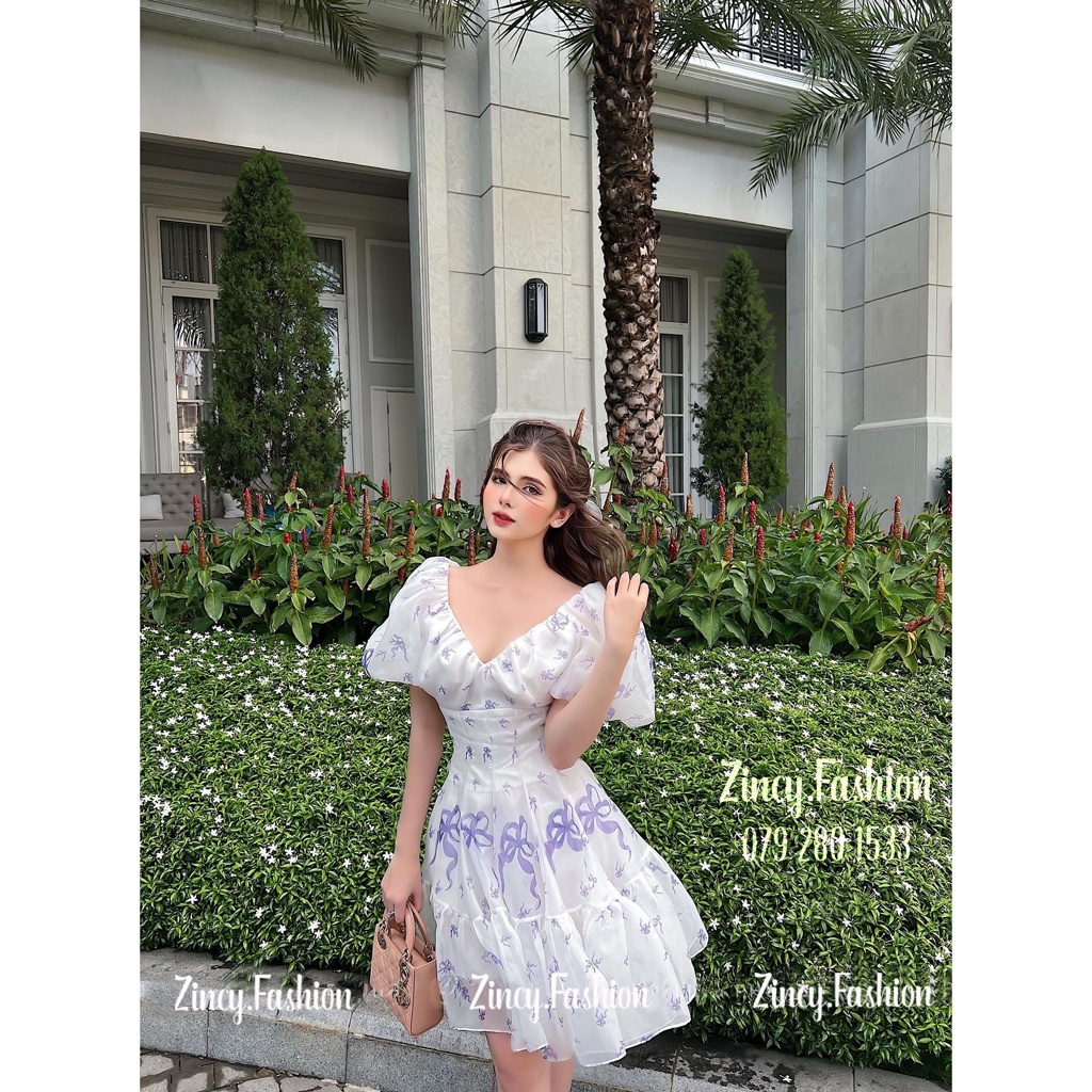 Đầm tay phồng dáng xoè công chúa Váy babydoll tiểu thư dáng ngắn cổ V tôn dáng 2 lớp đi chơi dạo phố - ĐTIM.001