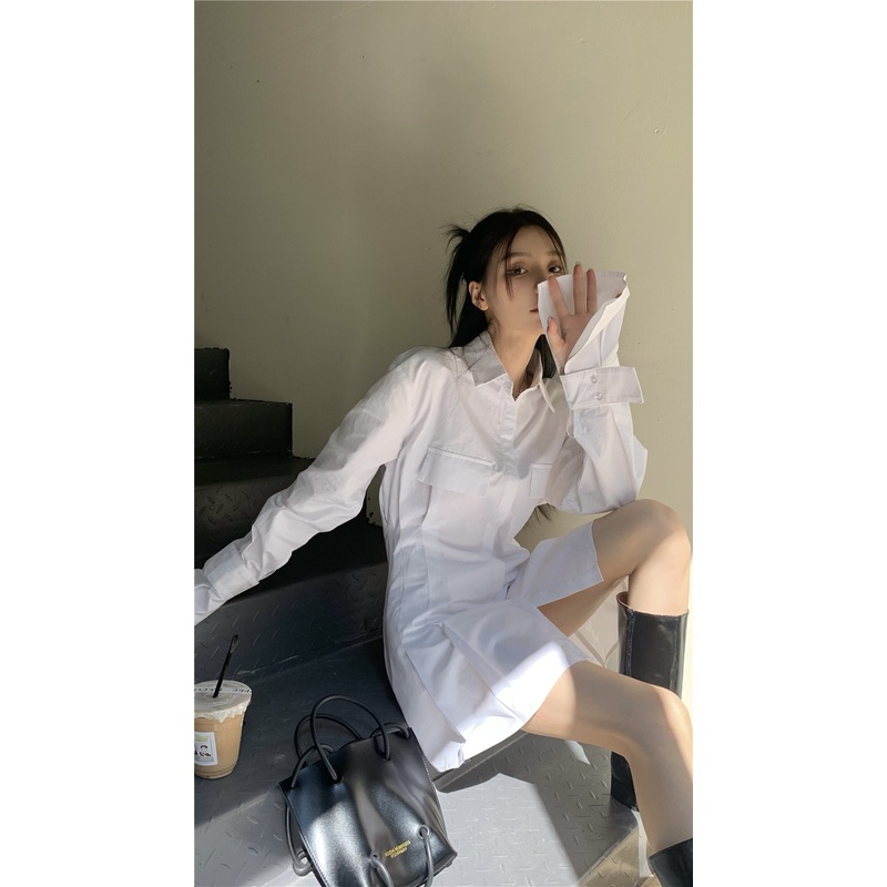 Đầm Sơ Mi Tay Dài Cổ polo Ôm Eo Thiết Kế Ngọt Ngào Cho Nữ