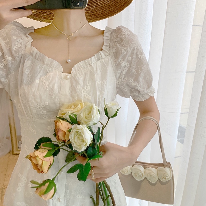 SALE SỐC Váy dài trễ vai xinh xắn chụp kỷ yếu, Váy trắng tiểu thư đuôi cá vintage đi biển, đi chơi