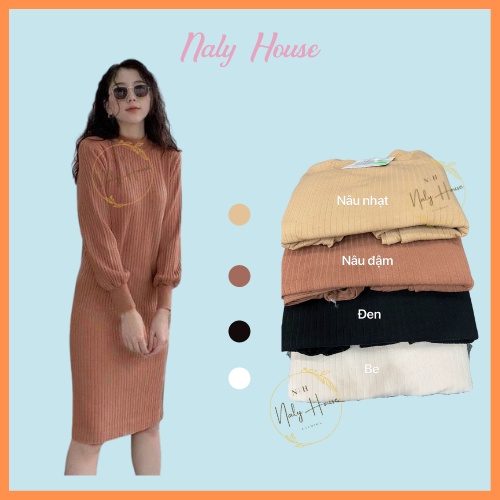 Váy Len Nữ Dáng Dài Tay Bồng Chất Len Dày Mịn Form Suông Thoải Mái Naly