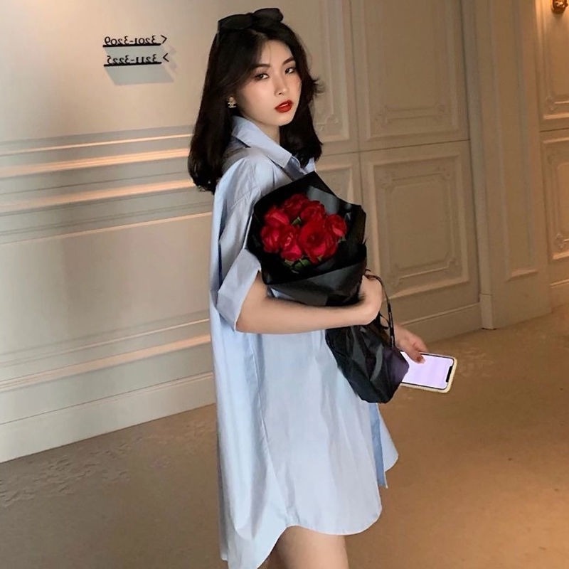 Áo Sơ Mi Trắng Dài Vừa Dáng Rộng Thời Trang Mùa Hè Hàn Quốc Mới Cho Nữ