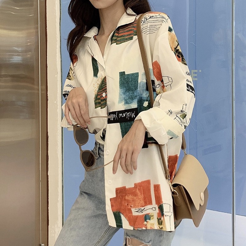 Áo sơ mi dài tay form rộng in họa tiết hoạt hình phong cách vintage thời trang | BigBuy360 - bigbuy360.vn
