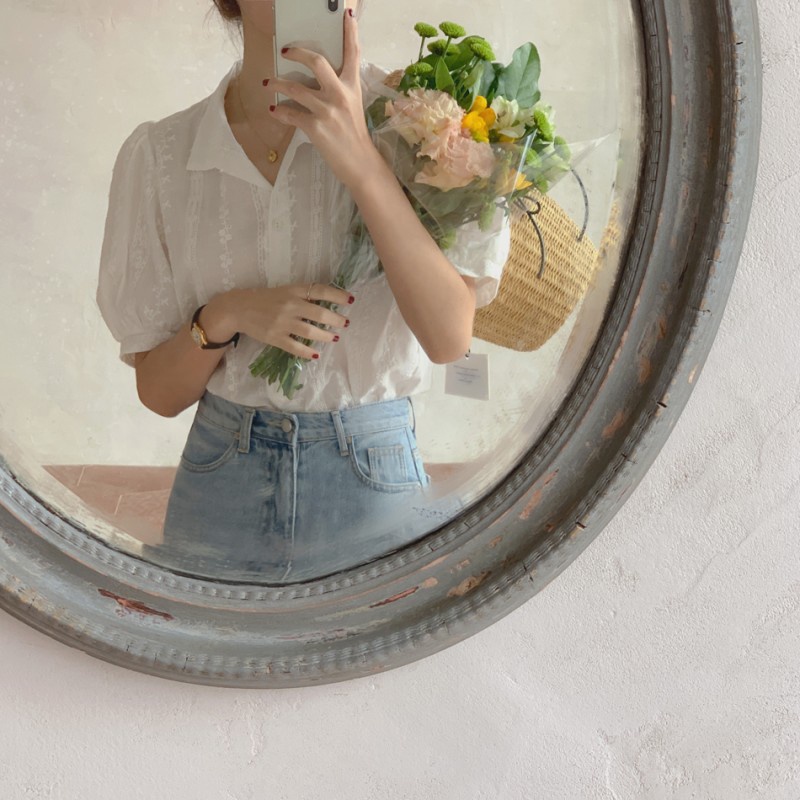 Áo kiểu Xiaozhainv tay phồng phối ren thêu họa tiết phong cách Hàn Quốc thời trang mùa hè cho nữ