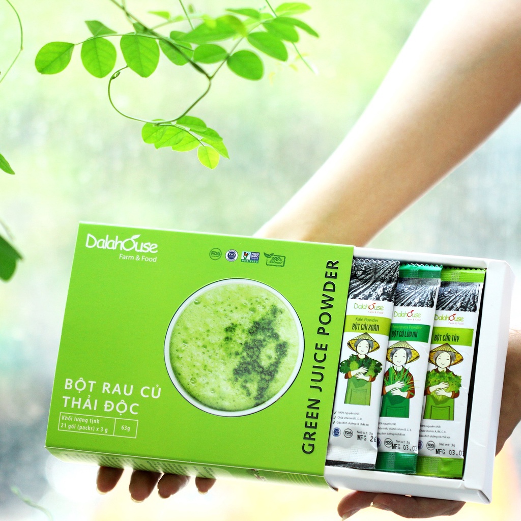 Bột cần tây, cải xoăn, diếp cá, rau má, củ dền, bó xôi, cỏ lúa mì hữu cơ, Combo bột rau củ thải độc 7 vị Dalahouse