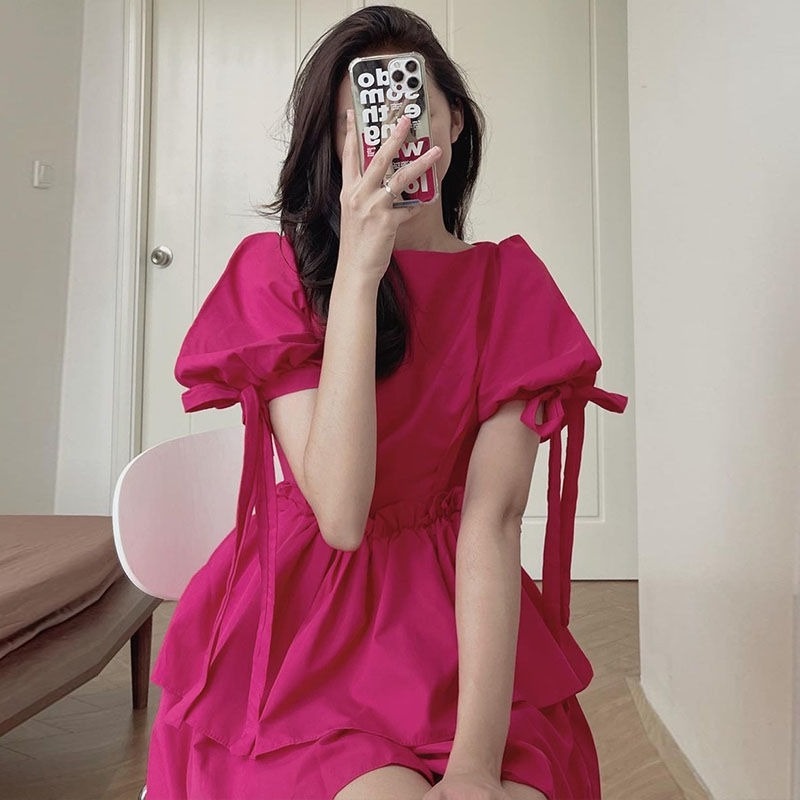 Đầm Ngắn Tay Phồng Cổ Tròn Lưng Cao Phối Bèo Thời Trang Mùa Hè Phương Tây Cho Nữ