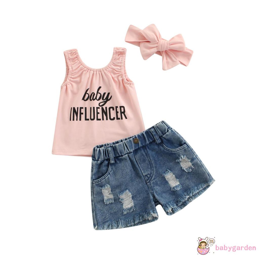 Set Đồ 3 Món Gồm Áo Ba Lỗ In Chữ + Quần Short Denim Rách + Băng Đô Dành Cho Bé Gái 6 Tháng 5 Tuổi