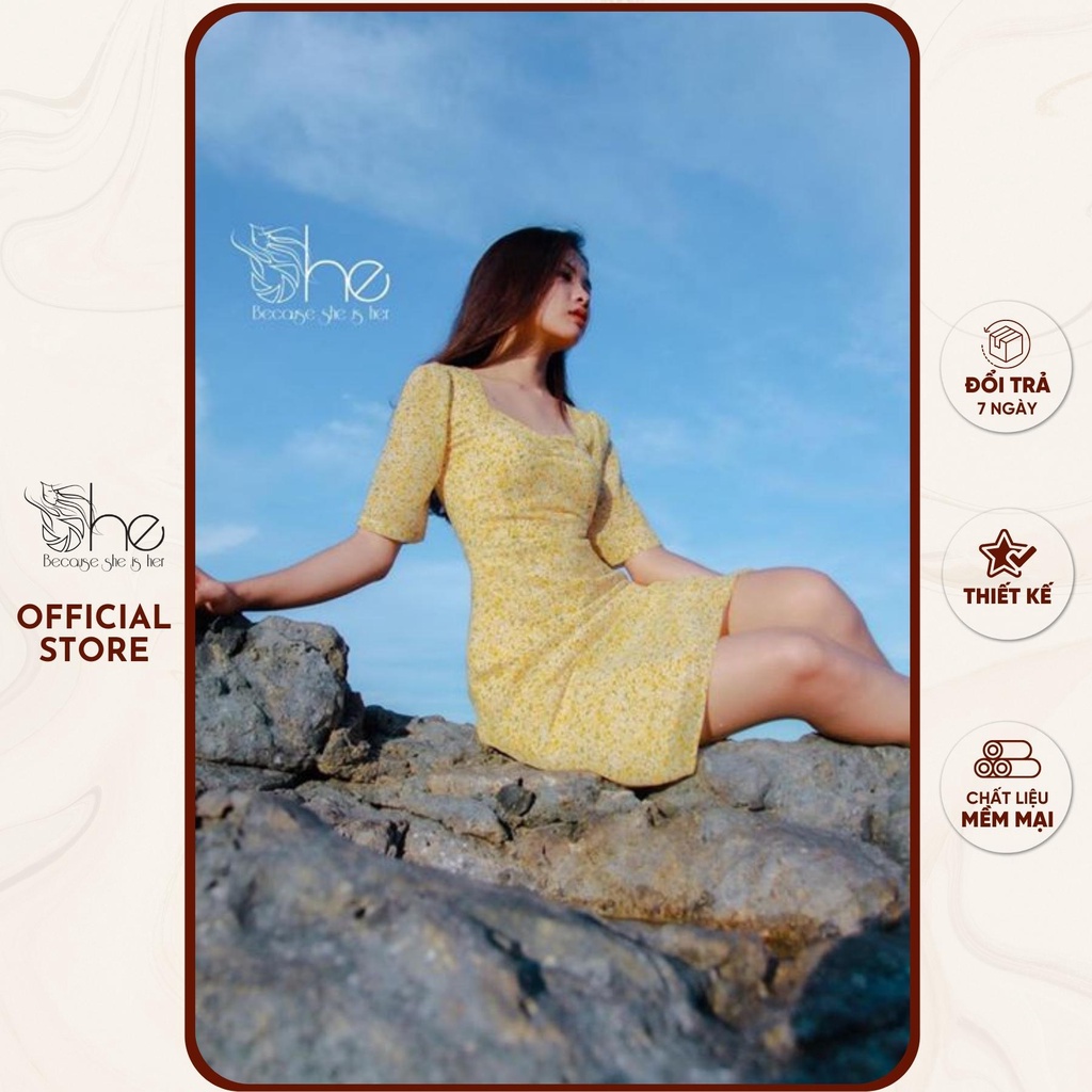 Đầm hoa cổ vuông thiết kế She, đầm nữ đi làm basic đơn giản SDX88