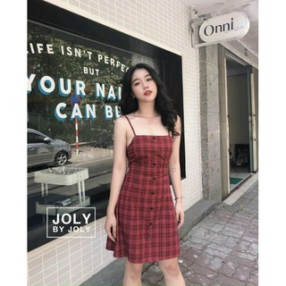 Đầm 2 dây caro đỏ thắt nơ dễ thương