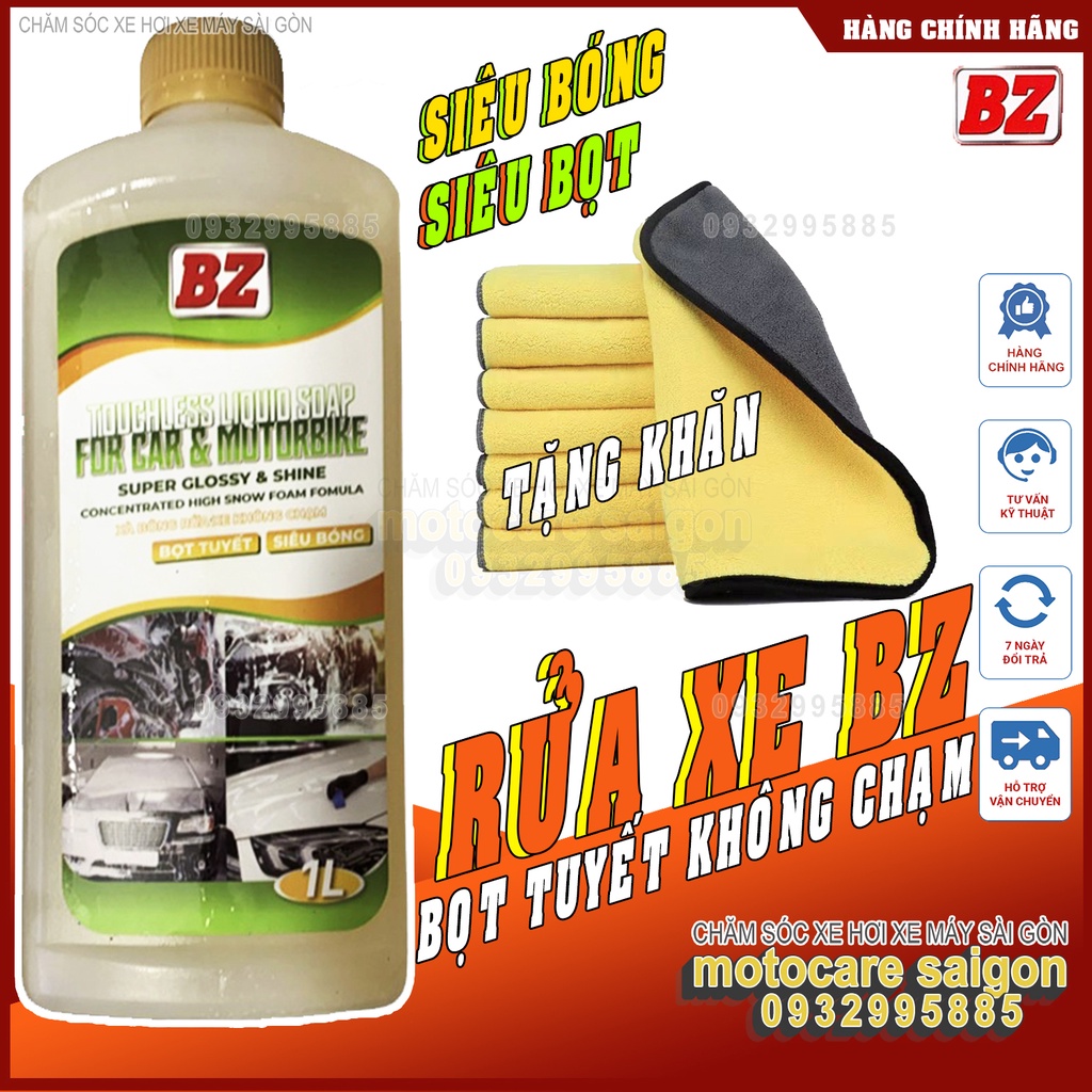 Combo nước rửa xe không chạm BZ + cọ cán đen  5 cây + găng tay + khăn vàng xám + cọ đuôi chó
