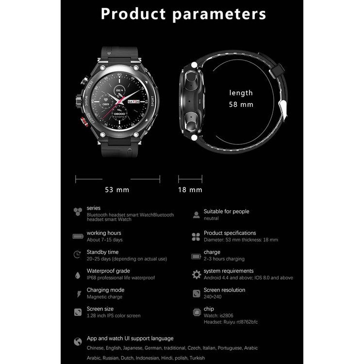 Đồng hồ thông minh, Smart Watch T92, kèm tai nghe Bluetooth, Nghe nhạc Mp3, gọi BT 2 chiều