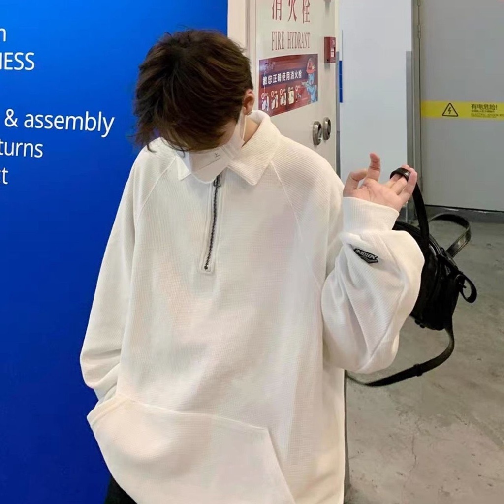 Áo nỉ sweater cổ áo polo dáng rộng thêu họa tiết thời trang mùa thu 2021 cho nam