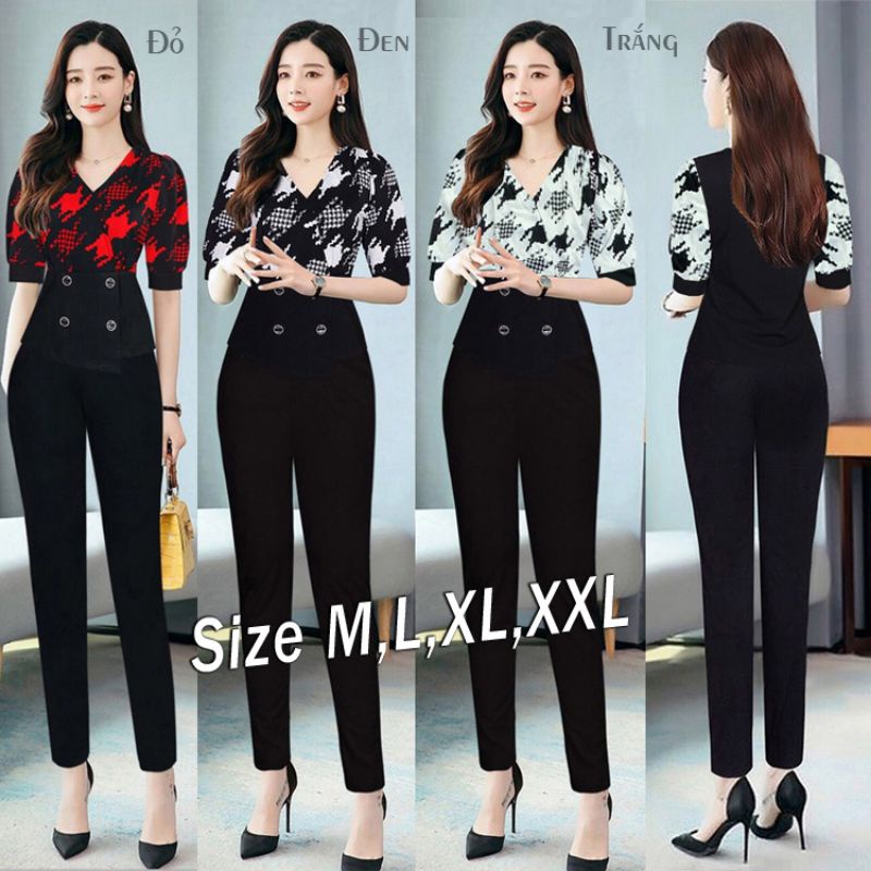 Bộ đồ hình thật Set nguyên bộ quần dài áo sơ mi họa tiết phối 4 nút xinh xắn