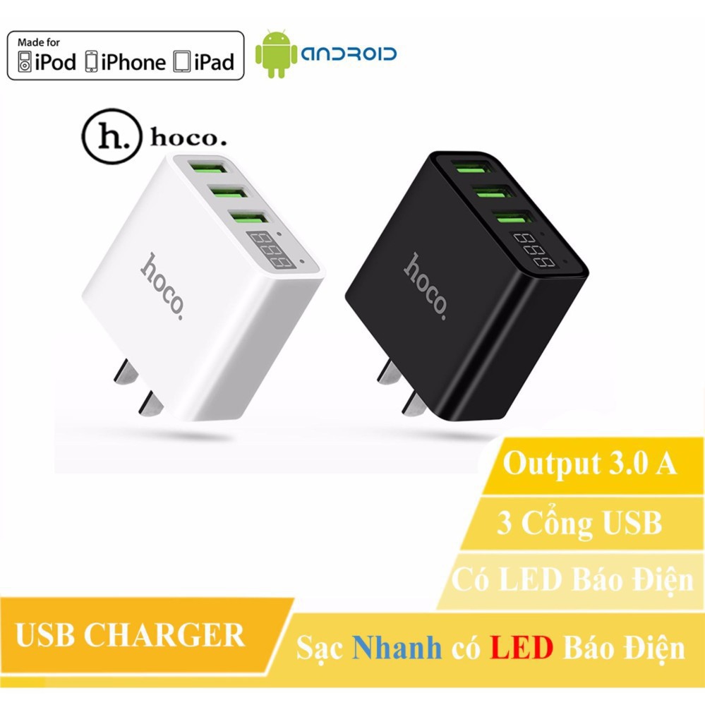 Củ sạc 3 cổng USB Hoco C15 có màn LED hiển thị đo dòng - Hàng Chính Hãng - Ổn định dòng cho Iphone/iPad/Android