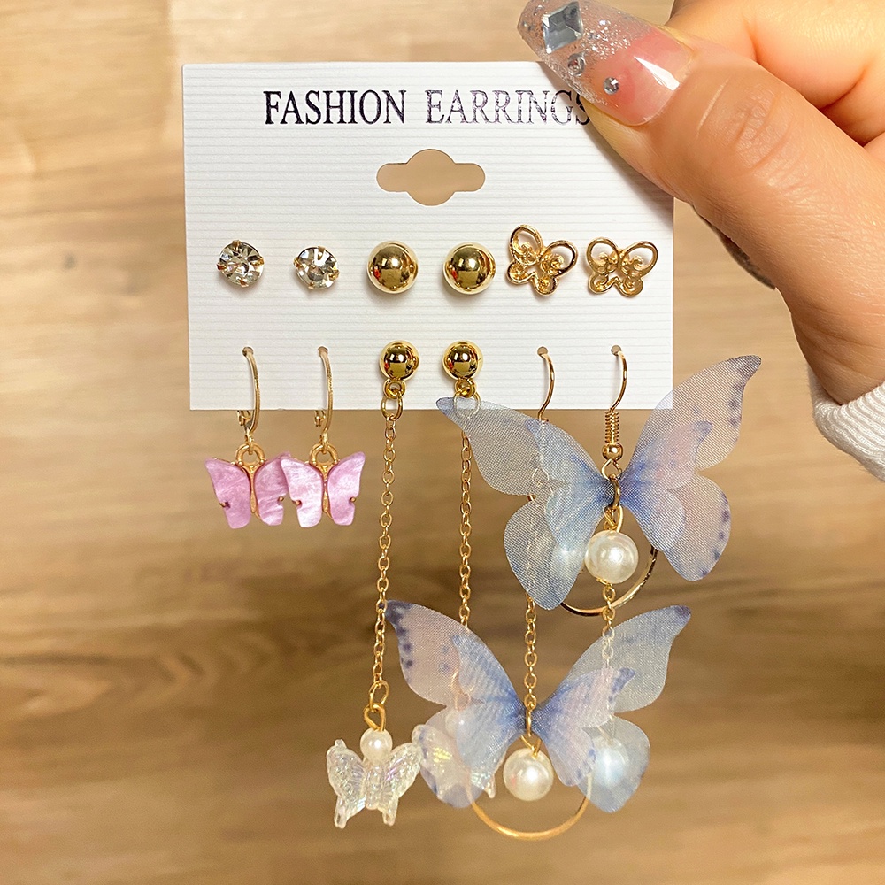 Set 9 Đôi Bông Tai Mạ Vàng Hình Bướm Đính Ngọc Trai Giả Phong Cách Retro